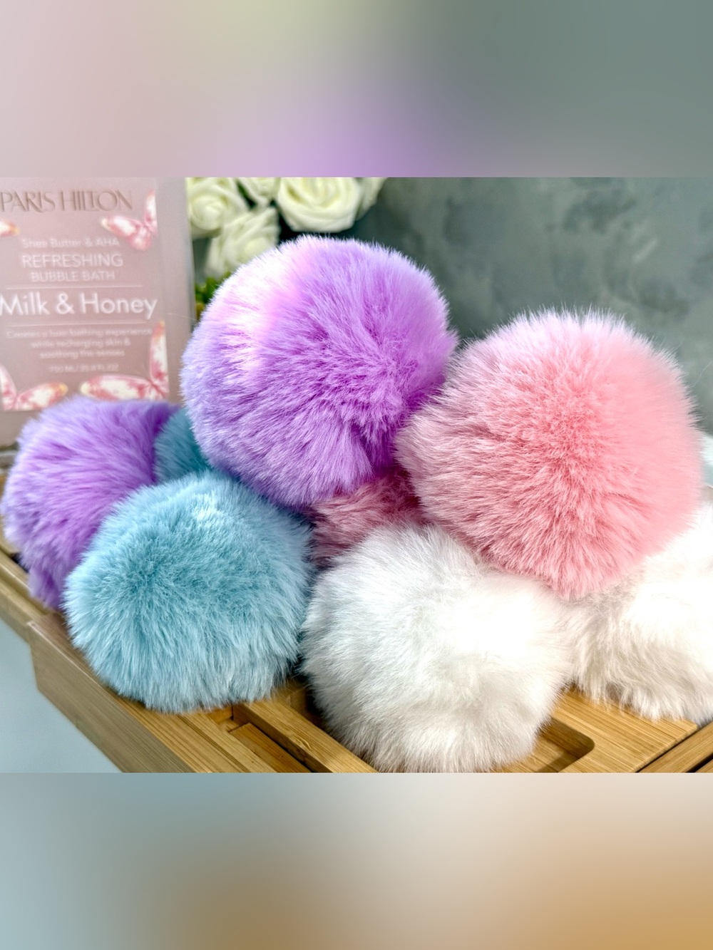 Pastel Faux Fur Pom Pom with Braided Wristlet Strap